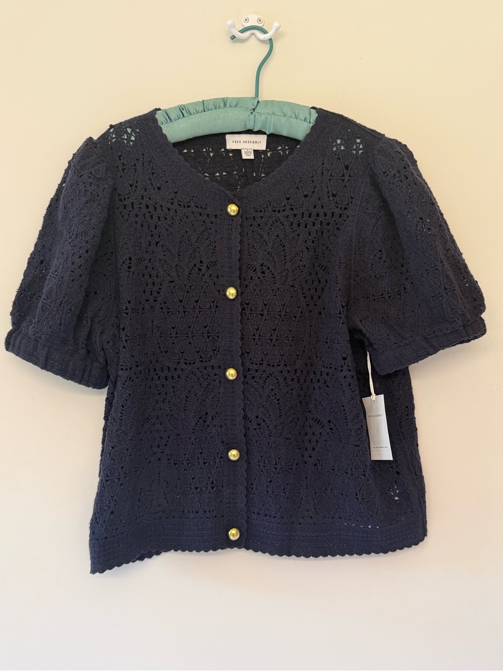 Free Assembly Women’s Navy Crochey Button-Front Top